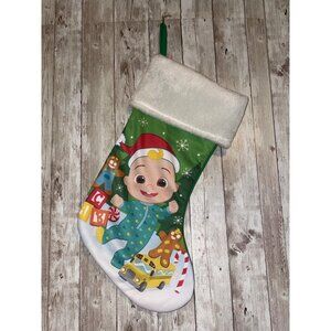 Cocomelon JJ Christmas Holiday Stocking 20" Hanging Loop Green Back White Cuff